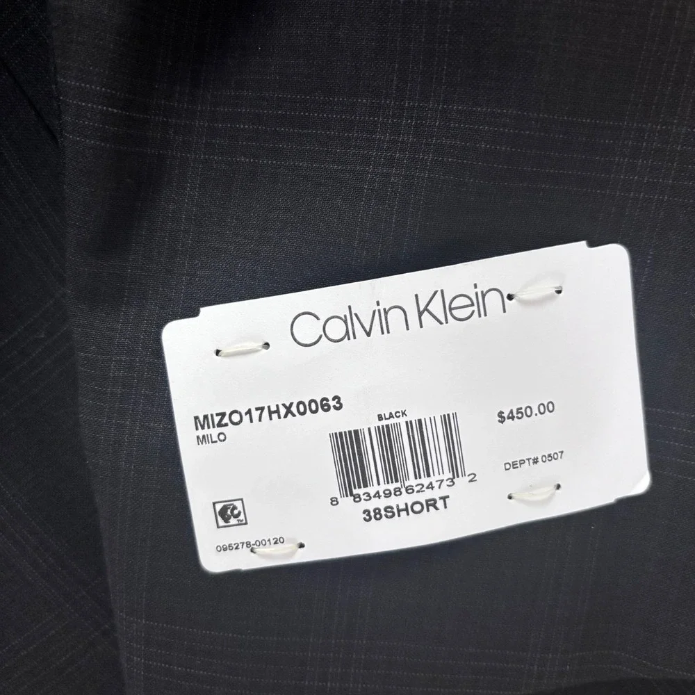 Calvin Klein Mens Black Plaid Wool Blend Suit Blazer Jacket 38 Short MSRP $450